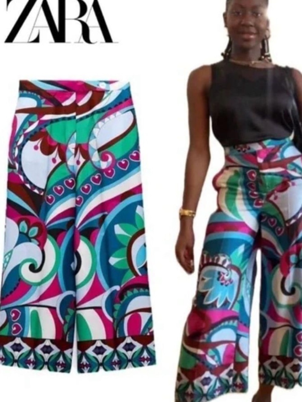 New Zara Satin Effect Multicolor Paisley Cropped Culottes High Rise Pants M